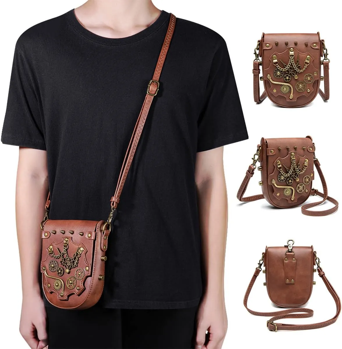 Steampunk Clock Design Crossbody Bag, Black Leather Mini Purse with Metal Gears, Gothic Chain Accent