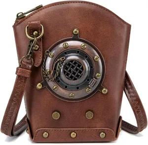Steampunk Clock Design Crossbody Bag, Black Leather Mini Purse with Metal Gears, Gothic Chain Accent