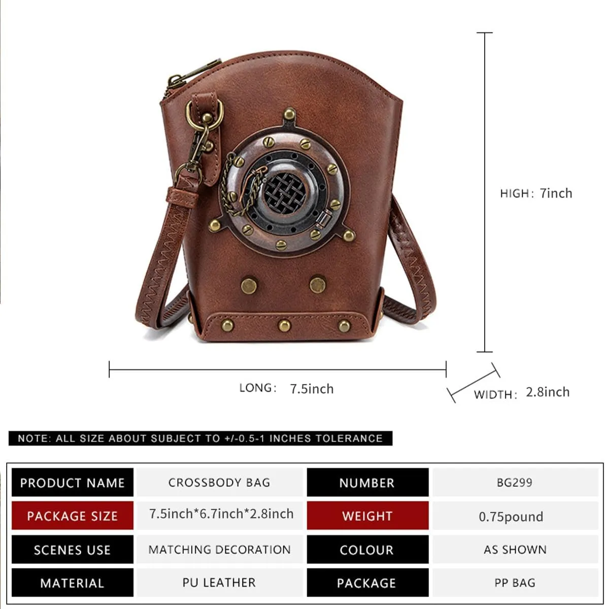 Steampunk Clock Design Crossbody Bag, Black Leather Mini Purse with Metal Gears, Gothic Chain Accent