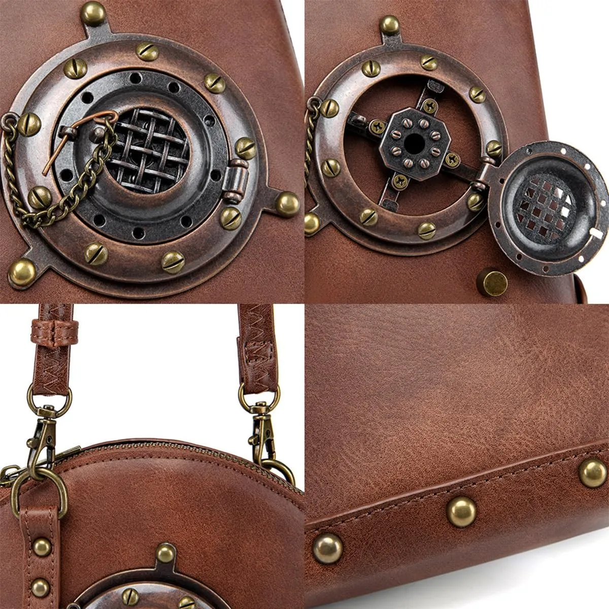 Steampunk Clock Design Crossbody Bag, Black Leather Mini Purse with Metal Gears, Gothic Chain Accent