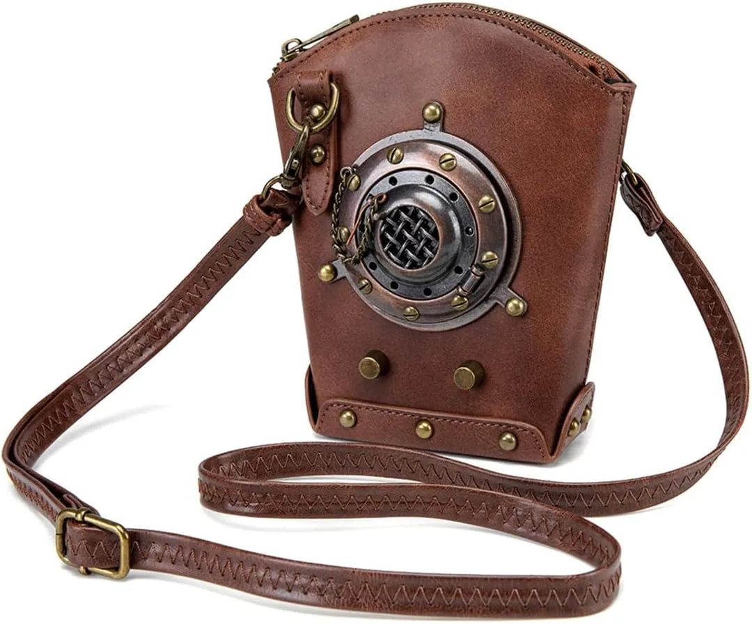 Steampunk Clock Design Crossbody Bag, Black Leather Mini Purse with Metal Gears, Gothic Chain Accent