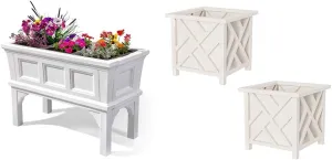 Step2 Atherton Planter Box, Large White Outdoor All-Season Gardening Box Bundle with 2 Lattice Design White Polypropylene Planter Boxes