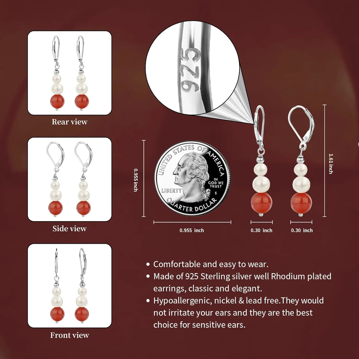 Sterling Silver Freshwater Cultured Pearl Drop Earrings Size 4-8mm Dangle Leverback Earring for Women