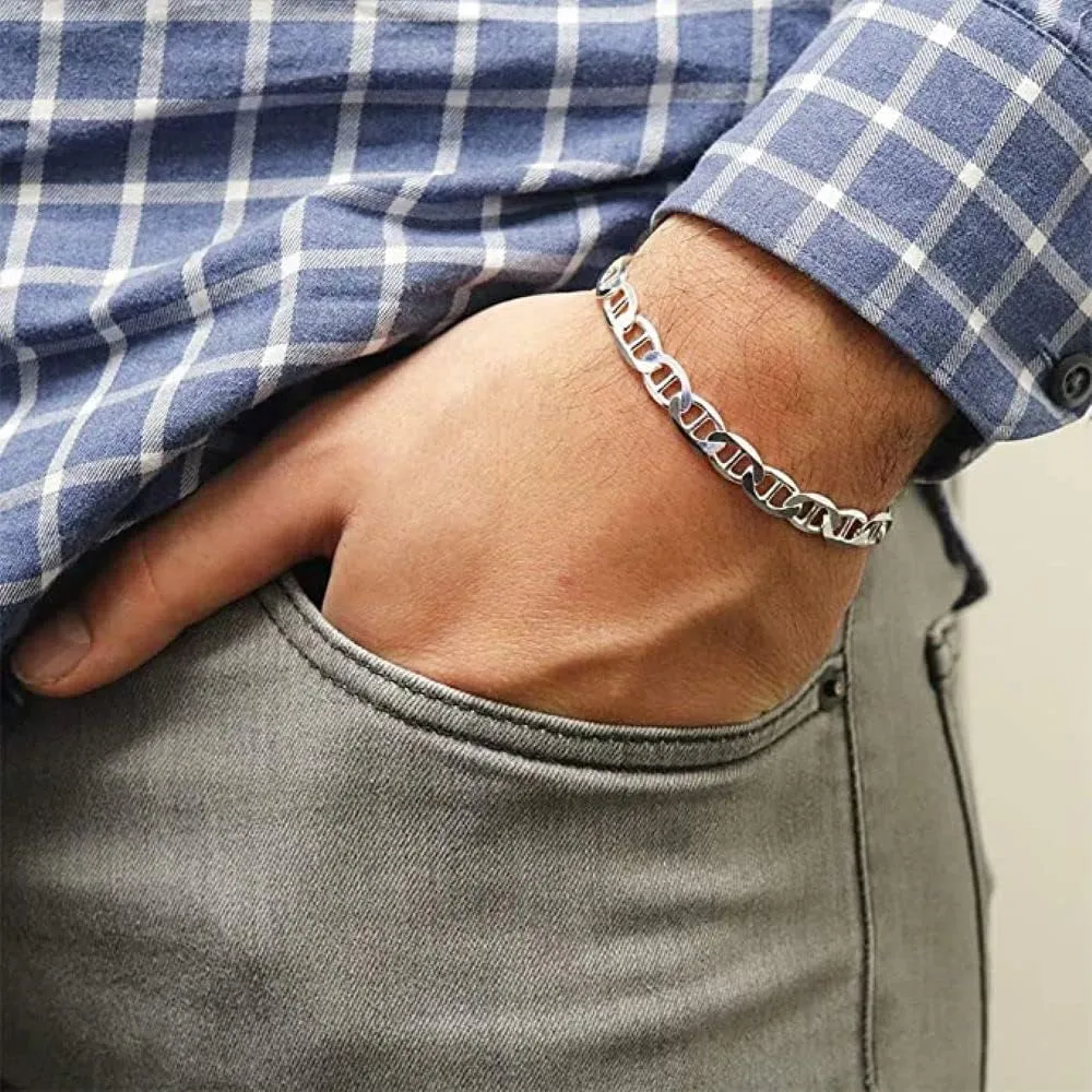Sterling Silver Mariner Link Bracelet - 5.5MM, 6.5MM, 8MM, 9MM, 10.5MM, 12MM Thick Silver Link Bracelet for Men