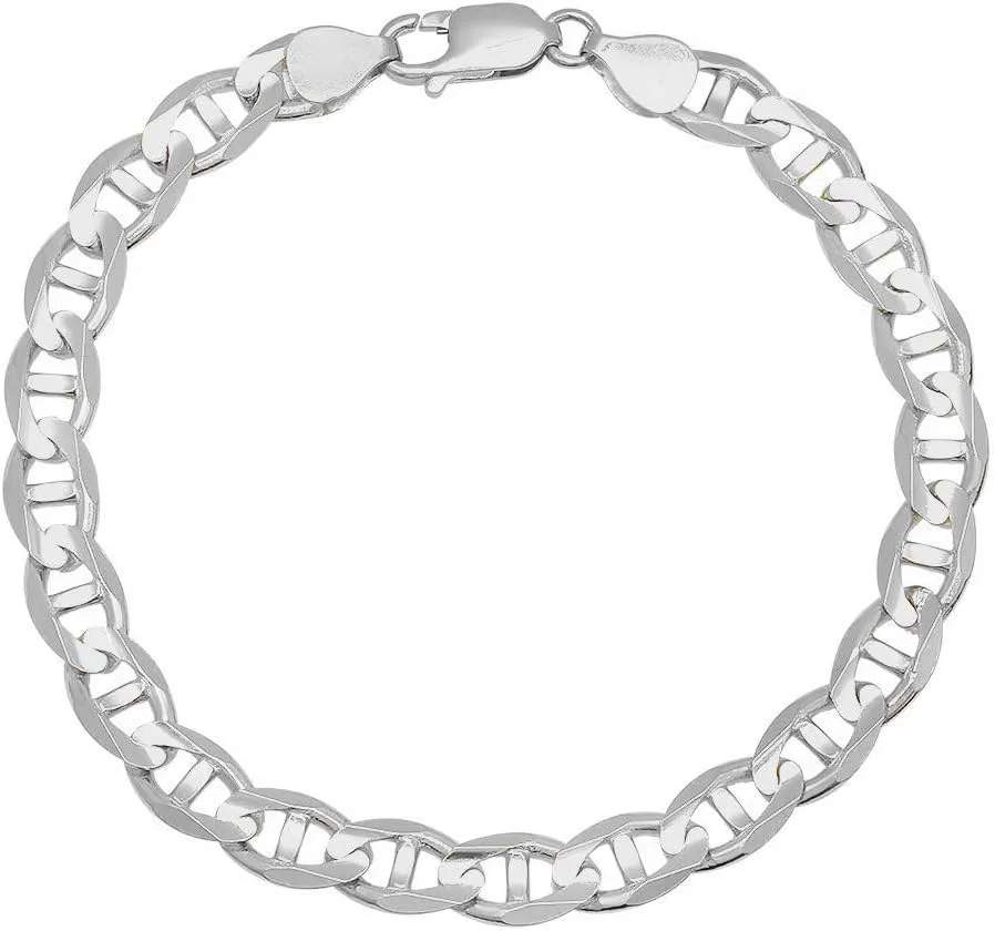 Sterling Silver Mariner Link Bracelet - 5.5MM, 6.5MM, 8MM, 9MM, 10.5MM, 12MM Thick Silver Link Bracelet for Men