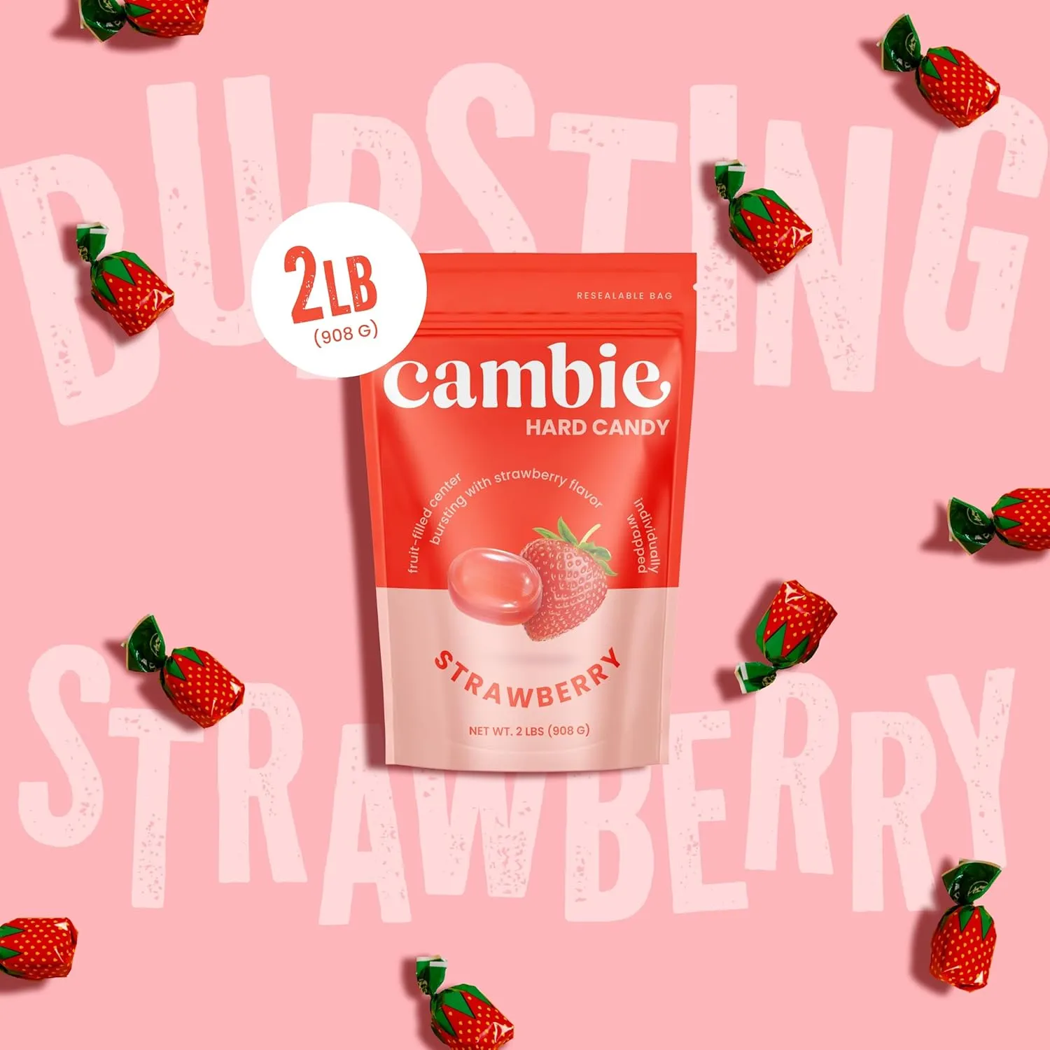 Strawberry Candy Bon Bons by Cambie | 2 lbs of Strawberry Filled Hard Candy | Individually Wrapped Bon Bons | Deliciously Sweet Candy from Argentina (2 lb)