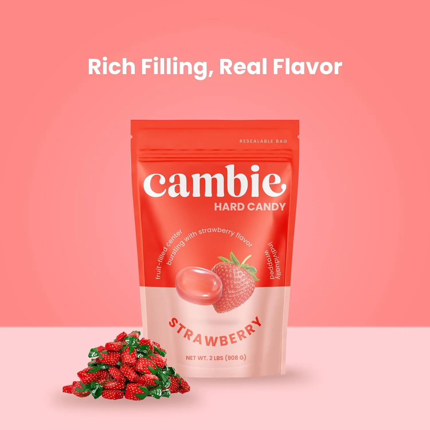 Strawberry Candy Bon Bons by Cambie | 2 lbs of Strawberry Filled Hard Candy | Individually Wrapped Bon Bons | Deliciously Sweet Candy from Argentina (2 lb)