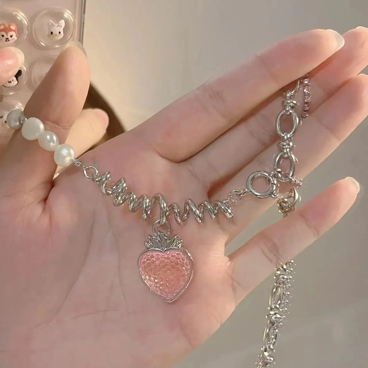 Strawberry Pendant Pearl Chain Choker Necklace