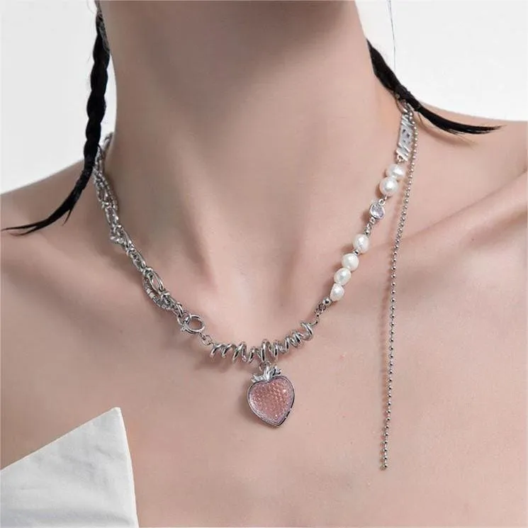 Strawberry Pendant Pearl Chain Choker Necklace