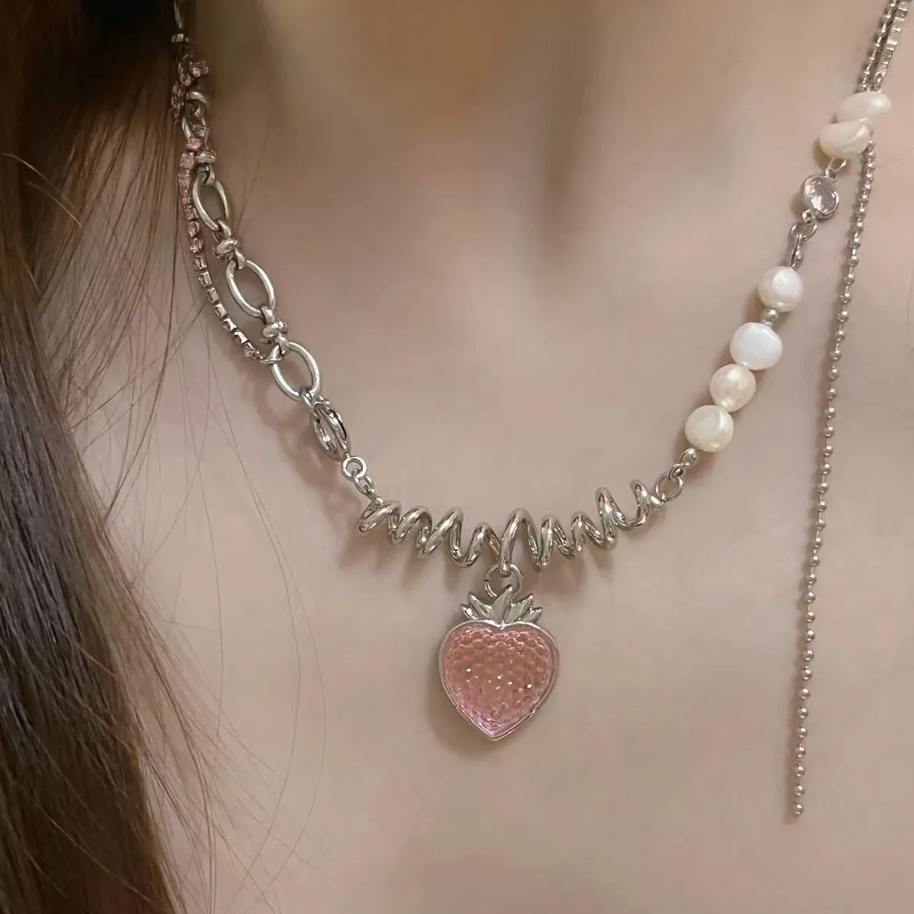 Strawberry Pendant Pearl Chain Choker Necklace