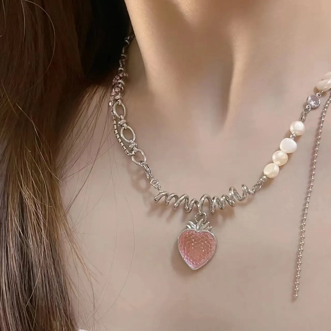 Strawberry Pendant Pearl Chain Choker Necklace