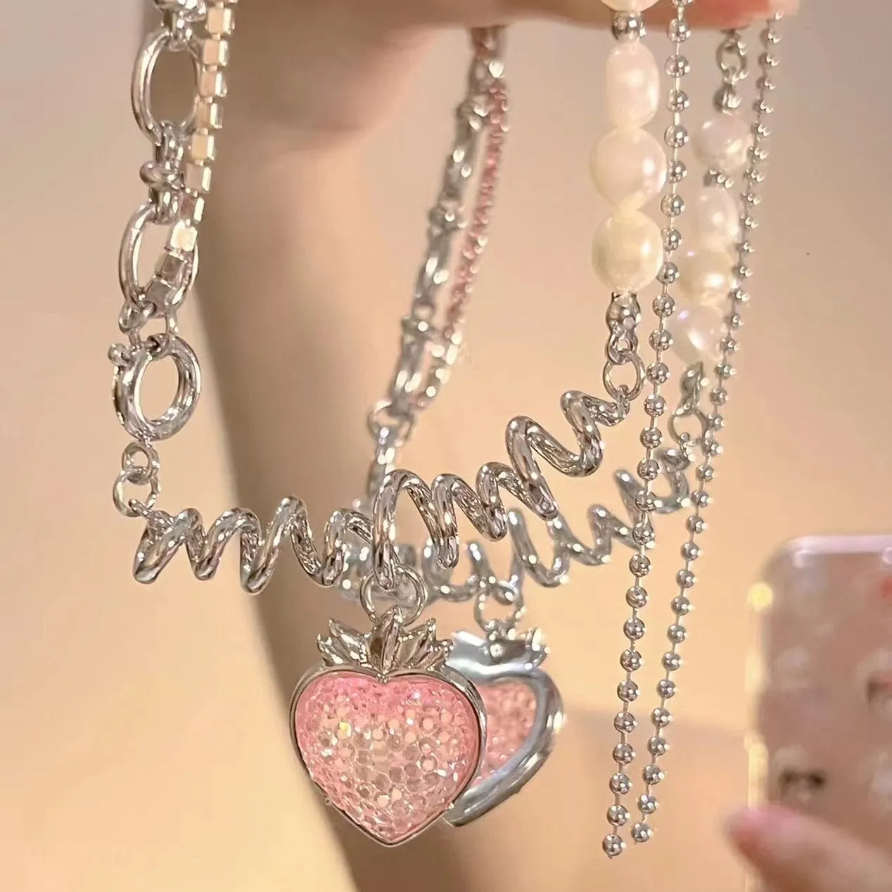 Strawberry Pendant Pearl Chain Choker Necklace