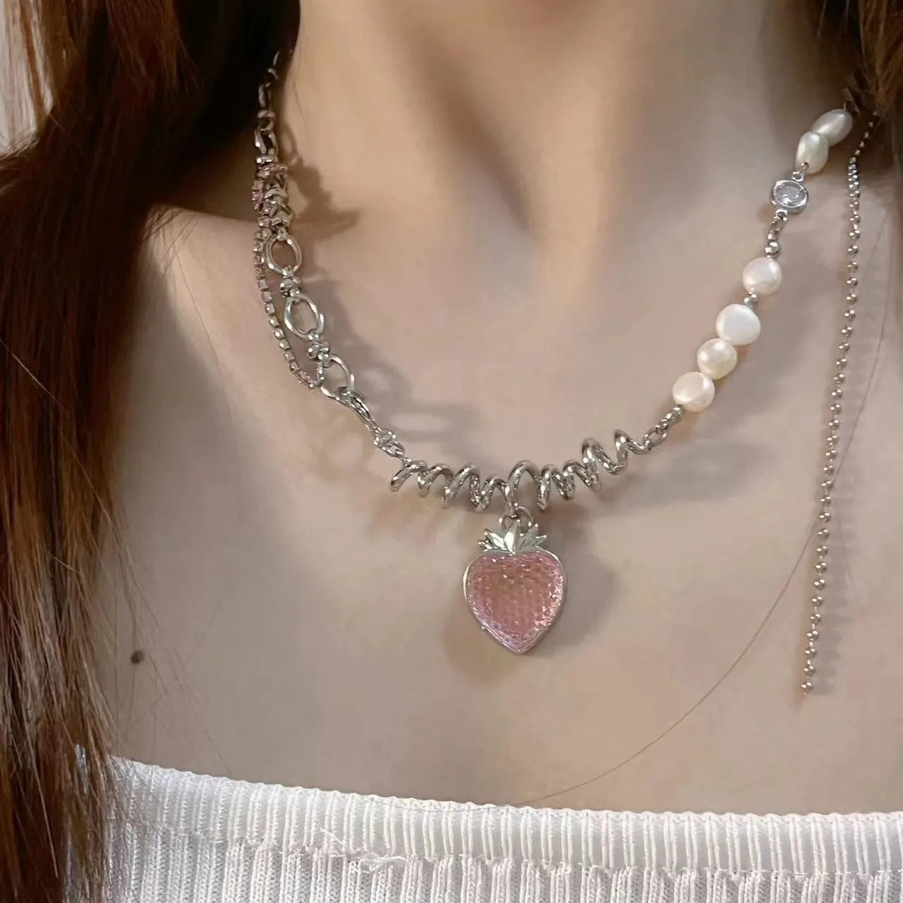 Strawberry Pendant Pearl Chain Choker Necklace
