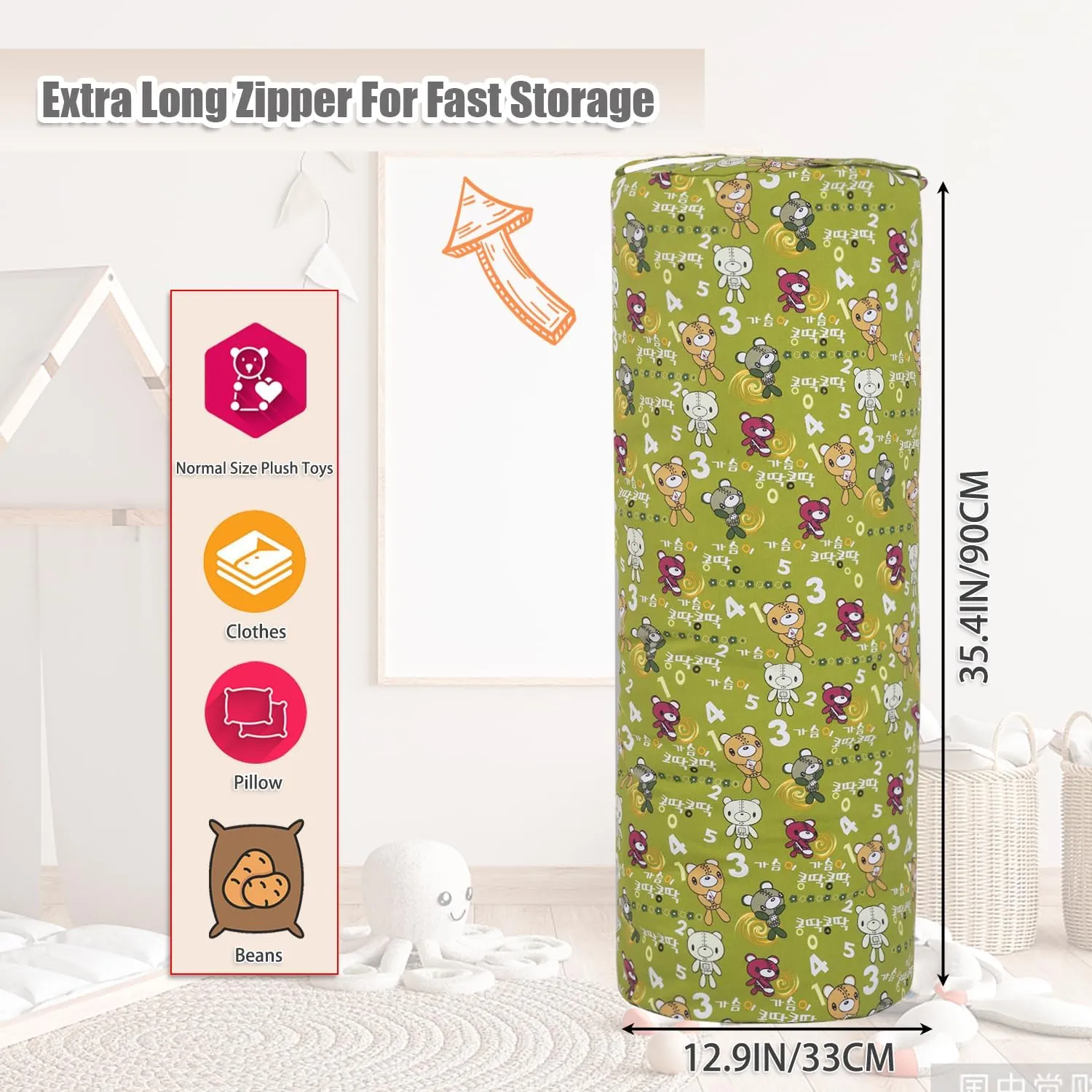 Stuffed Animal Storage Bean Bag Chair Cover (No Filler), Cylinder Plush Toy Storage Stuff and Sit Seat for Kids Boys and Girls, Canvas Large Soft Sit & Play Sofa with YKK Zipper