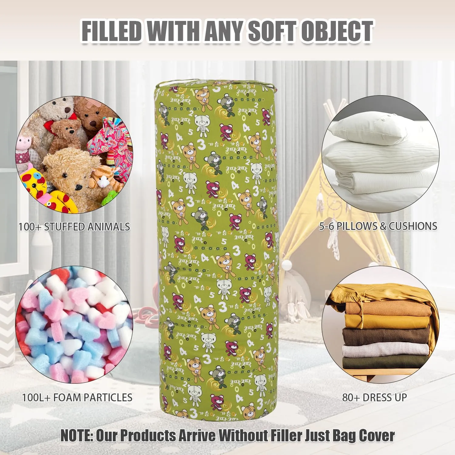 Stuffed Animal Storage Bean Bag Chair Cover (No Filler), Cylinder Plush Toy Storage Stuff and Sit Seat for Kids Boys and Girls, Canvas Large Soft Sit & Play Sofa with YKK Zipper