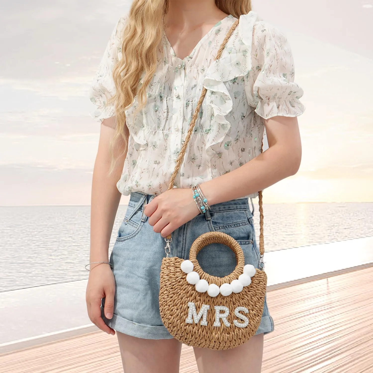 SUKUTU Women Bride Straw Tote Bag Handwoven Bag Rhinestone Letter Plush Ball Wedding Summer Beach Vacation Bridal Shower Gift