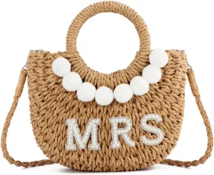 SUKUTU Women Bride Straw Tote Bag Handwoven Bag Rhinestone Letter Plush Ball Wedding Summer Beach Vacation Bridal Shower Gift