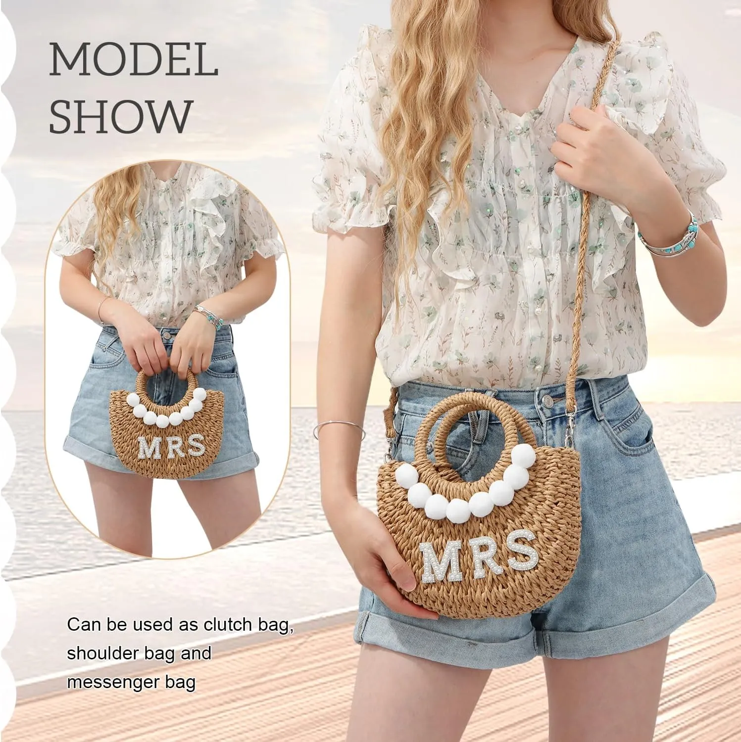 SUKUTU Women Bride Straw Tote Bag Handwoven Bag Rhinestone Letter Plush Ball Wedding Summer Beach Vacation Bridal Shower Gift