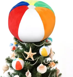 Summer Beach Ball Tree Topper, 8” Rainbow Beach Ball Tree Decor, Plush Stuffed Summer Tree Topper for Christmas in July Pool Beach Luau Hawaiian Themed Tropical Party