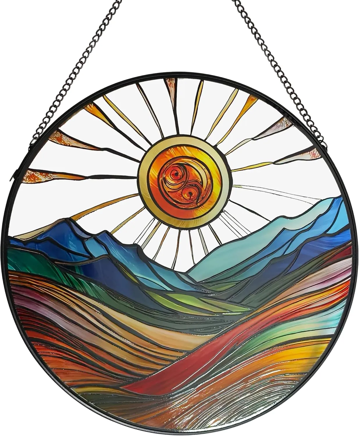 Sun Mountains Stained Glass Window Hanging, 9.8’’Sun Catcher Glass Panel Boho Wall Art Decor with Chain, Hand Painted Round Glass Gifts for Couples, Housewarming Gift