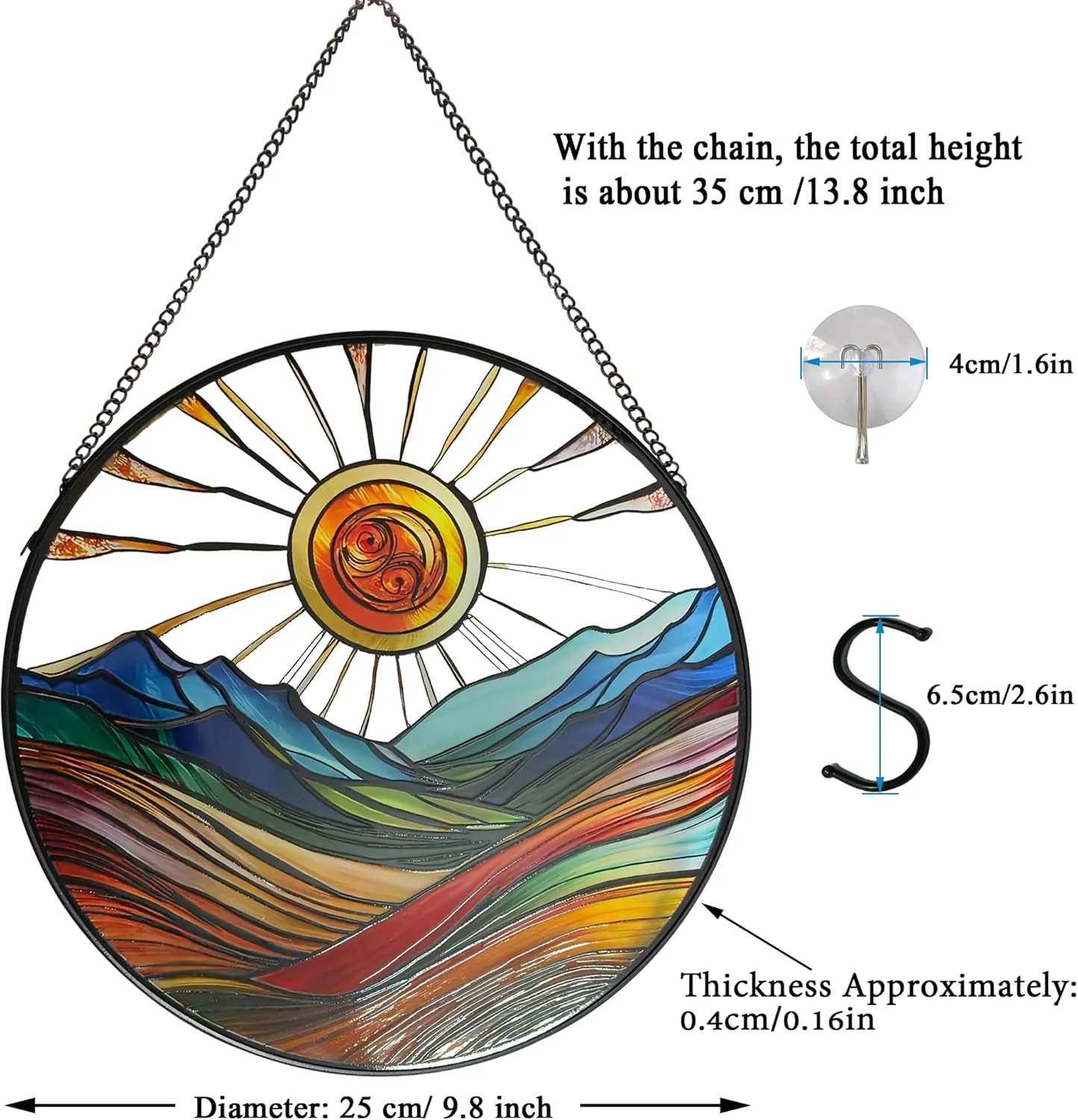 Sun Mountains Stained Glass Window Hanging, 9.8’’Sun Catcher Glass Panel Boho Wall Art Decor with Chain, Hand Painted Round Glass Gifts for Couples, Housewarming Gift