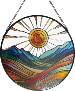 Sun Mountains Stained Glass Window Hanging, 9.8’’Sun Catcher Glass Panel Boho Wall Art Decor with Chain, Hand Painted Round Glass Gifts for Couples, Housewarming Gift