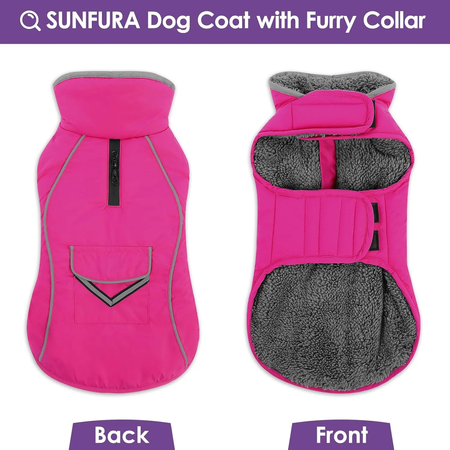 SUNFURA Dog Coat, Reflective Dog Jacket Dog Winter Coat for Cold Weather, Turtleneck Dog Snow Jacket Warm Fleece Sweater for Large Dogs, Windproof Dog Puffer Jacket with Pocket, Hot Pink L