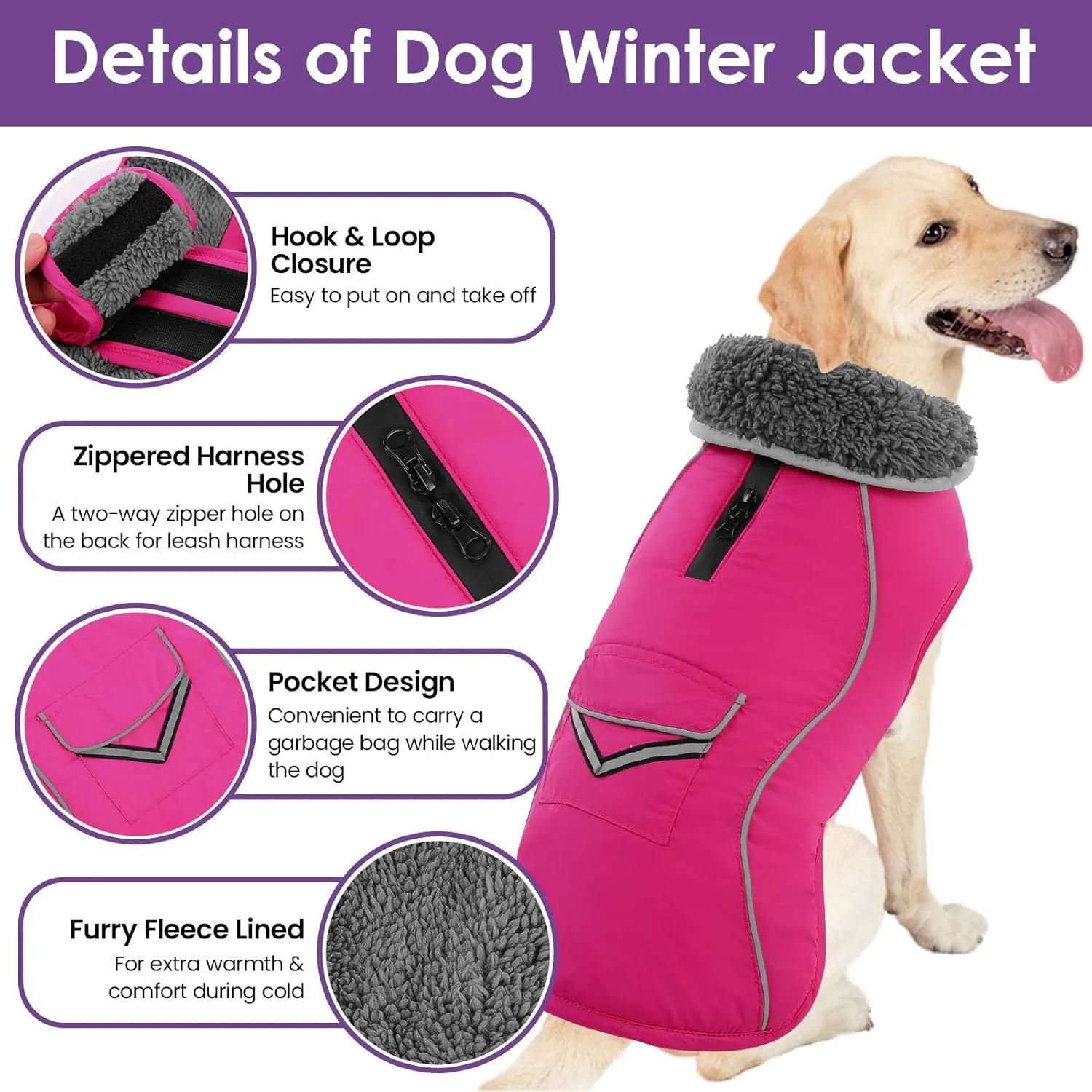 SUNFURA Dog Coat, Reflective Dog Jacket Dog Winter Coat for Cold Weather, Turtleneck Dog Snow Jacket Warm Fleece Sweater for Large Dogs, Windproof Dog Puffer Jacket with Pocket, Hot Pink L