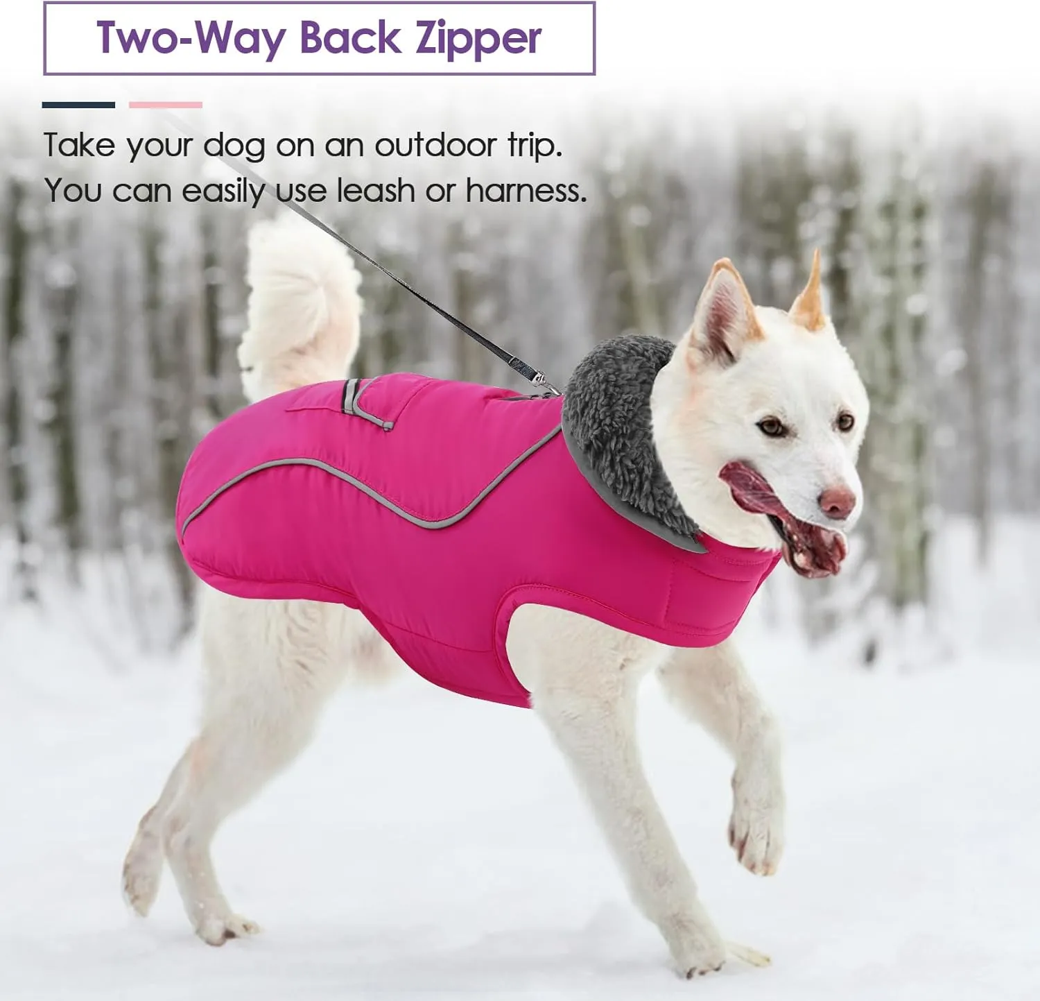 SUNFURA Dog Coat, Reflective Dog Jacket Dog Winter Coat for Cold Weather, Turtleneck Dog Snow Jacket Warm Fleece Sweater for Large Dogs, Windproof Dog Puffer Jacket with Pocket, Hot Pink L