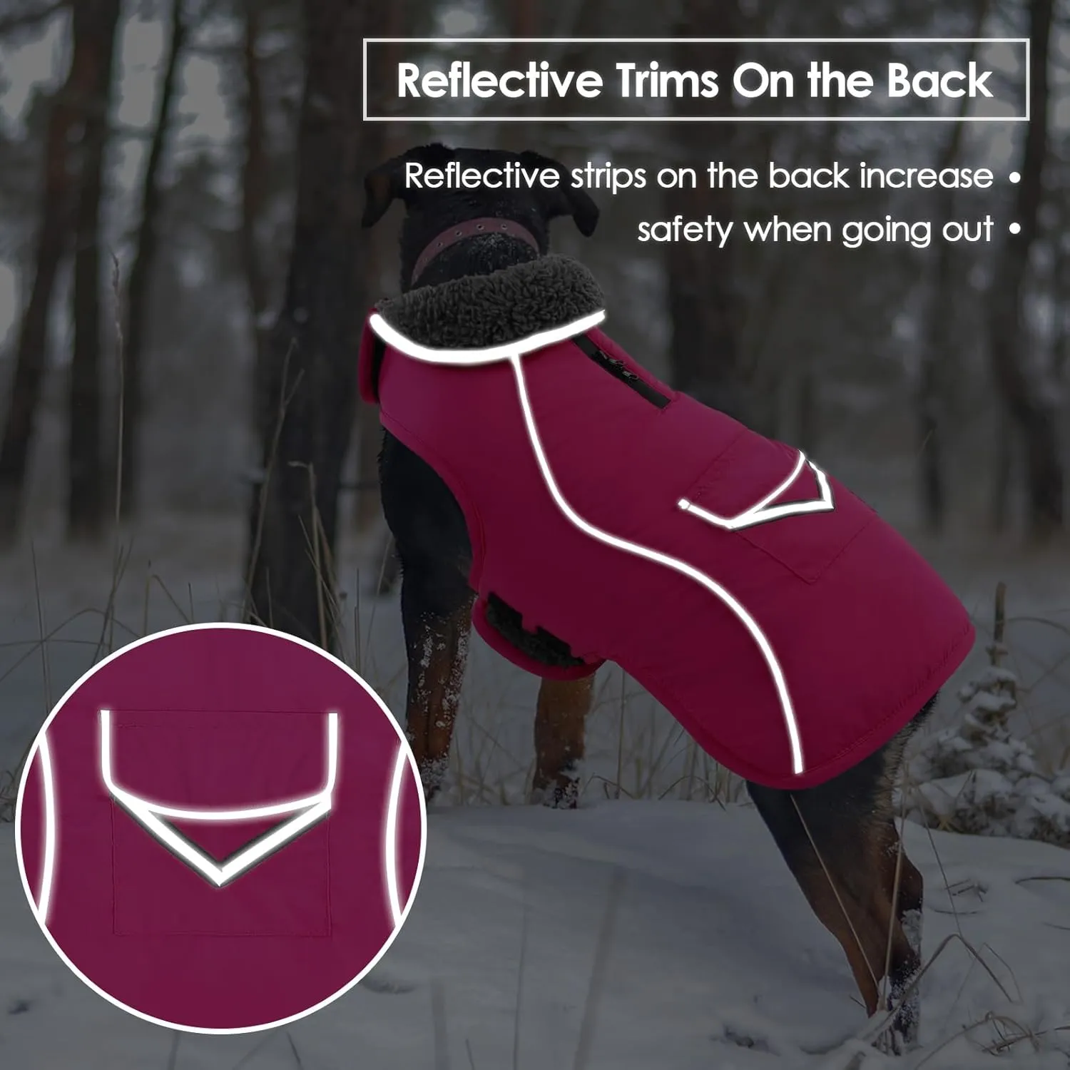 SUNFURA Dog Coat, Reflective Dog Jacket Dog Winter Coat for Cold Weather, Turtleneck Dog Snow Jacket Warm Fleece Sweater for Large Dogs, Windproof Dog Puffer Jacket with Pocket, Hot Pink L