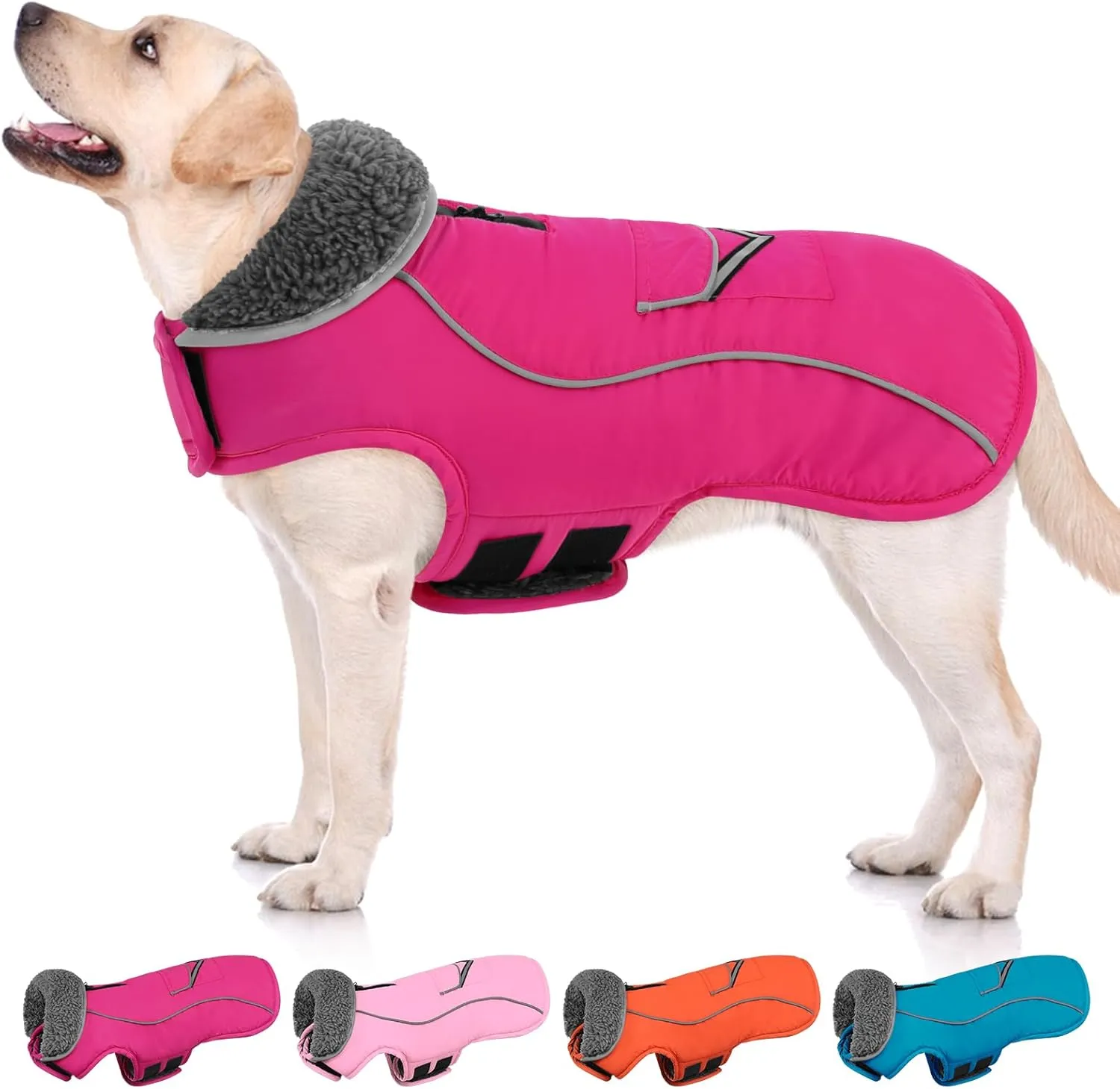 SUNFURA Dog Coat, Reflective Dog Jacket Dog Winter Coat for Cold Weather, Turtleneck Dog Snow Jacket Warm Fleece Sweater for Large Dogs, Windproof Dog Puffer Jacket with Pocket, Hot Pink L