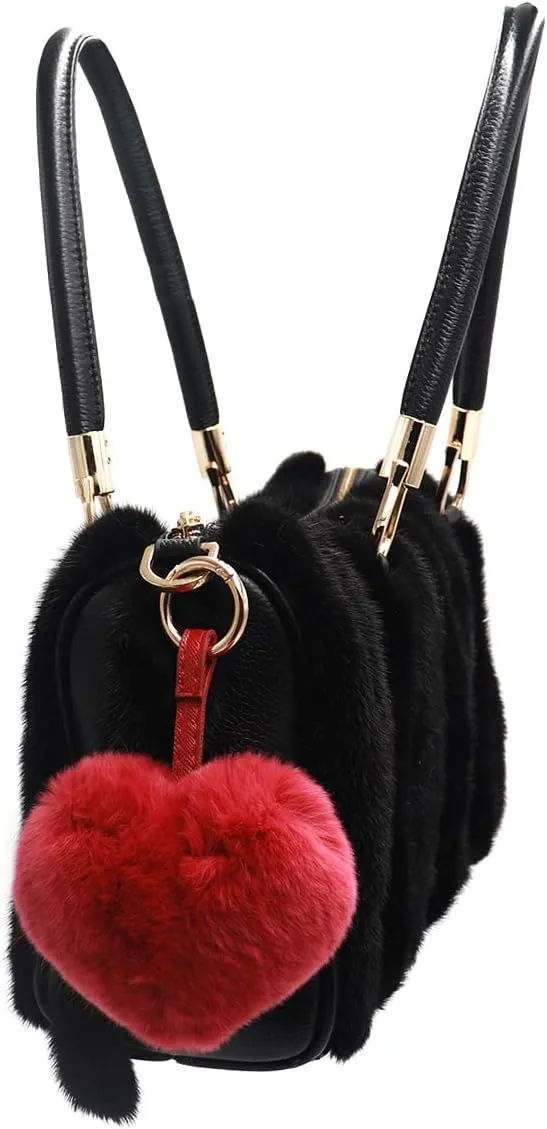 surell - Plush Rex Rabbit Fur Heart Pom-Pom Keychain with Pleather Strap - Cute Bag Purse Charm - Love Ring Fluffy Fur Ball