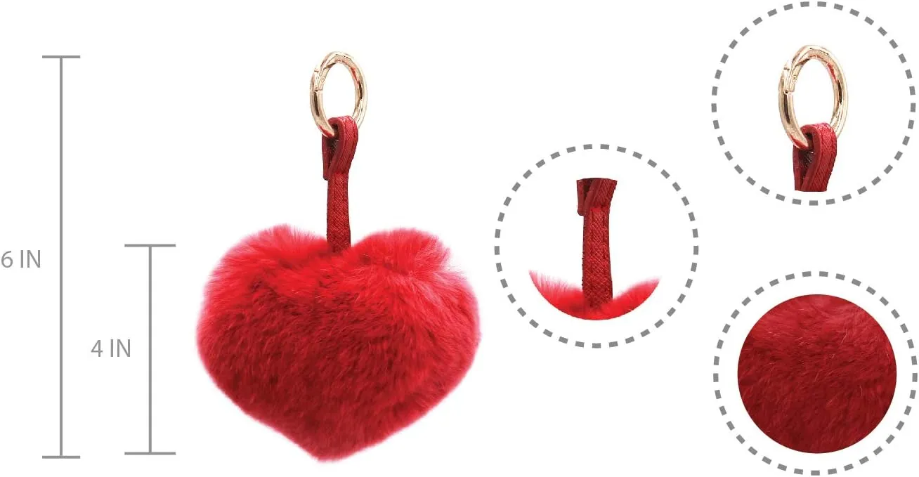 surell - Plush Rex Rabbit Fur Heart Pom-Pom Keychain with Pleather Strap - Cute Bag Purse Charm - Love Ring Fluffy Fur Ball