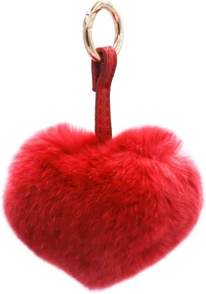 surell - Plush Rex Rabbit Fur Heart Pom-Pom Keychain with Pleather Strap - Cute Bag Purse Charm - Love Ring Fluffy Fur Ball