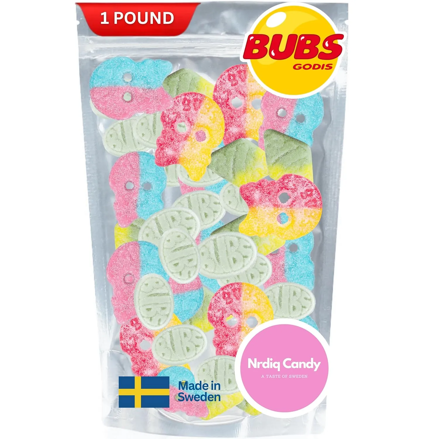 Swedish Candy Bubs Sour Mix Skulls, Ovals & Tutti Frutti Rombs, Cool Fruity Pear Mini, Vegan, Gluten-Free & free from gelatine. 1 lb. Imported From Sweden