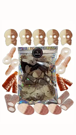 Swedish Candy Cola Mix(1LB) includes Bubs Cool Cola skulls, S-Brand Fizzy Cola, Cola Bottles, Cola Nibbles sour and Cola Rocketz-100% vegan