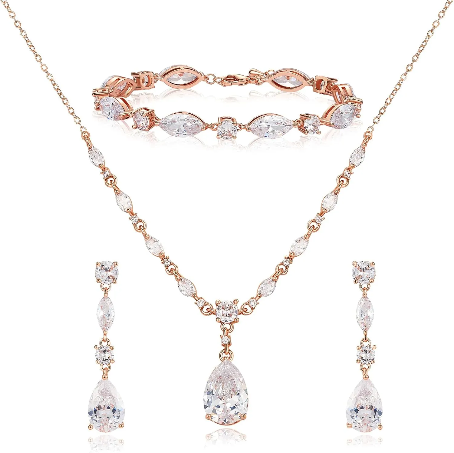 SWEETV Bridal Jewelry Set for Wedding, Cubic Zirconia Necklace Dangle Drop Earrings Bracelet Set, Teardrop Marquise Brides Bridesmaids Wedding Prom Anniversary Jewelry Gifts for Women