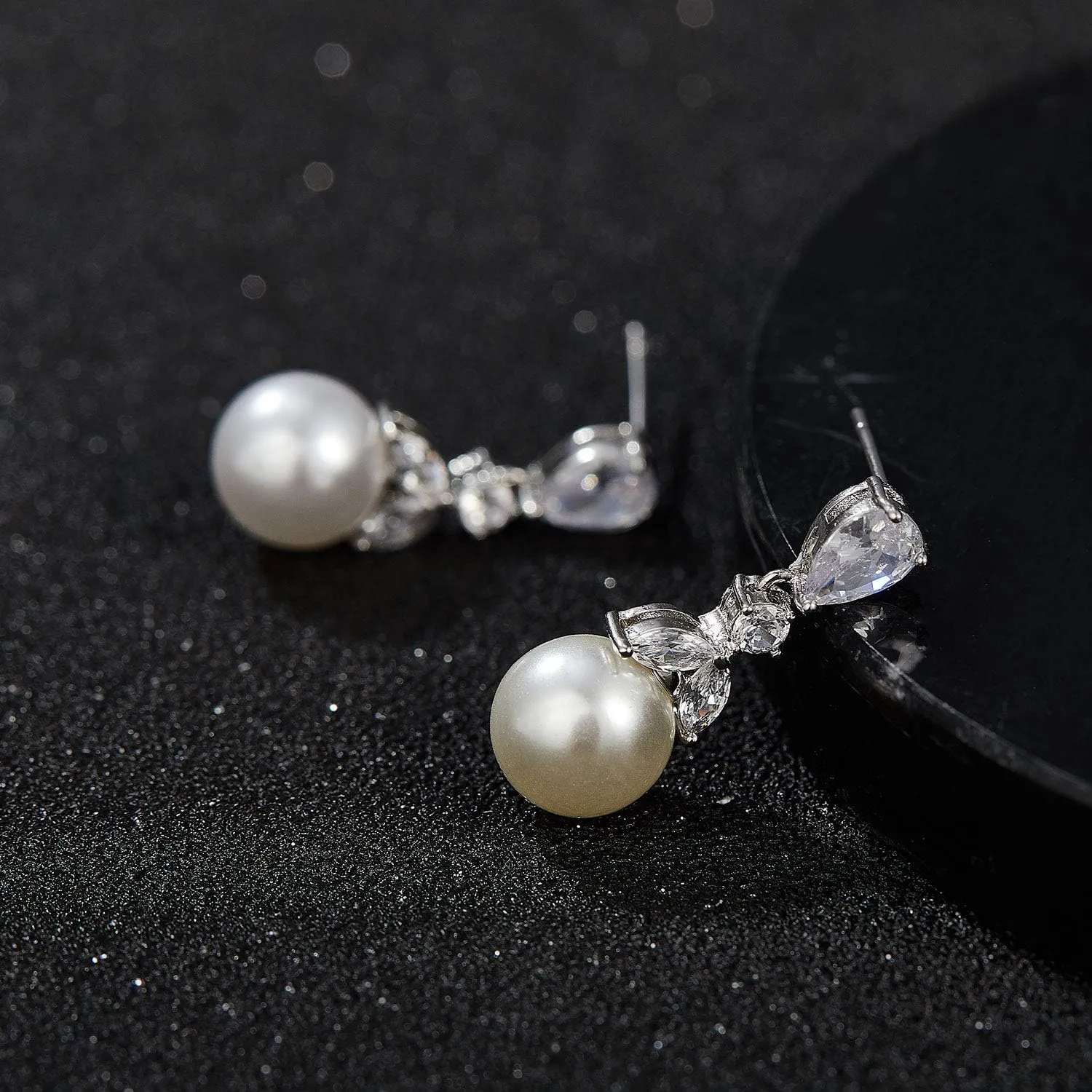 SWEETV Cubic Zirconia Pearl Drop Wedding Earrings for Brides, Ivory Bridal Pearl Earrings for Bridesmaid Jewelry Gift