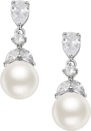 SWEETV Cubic Zirconia Pearl Drop Wedding Earrings for Brides, Ivory Bridal Pearl Earrings for Bridesmaid Jewelry Gift
