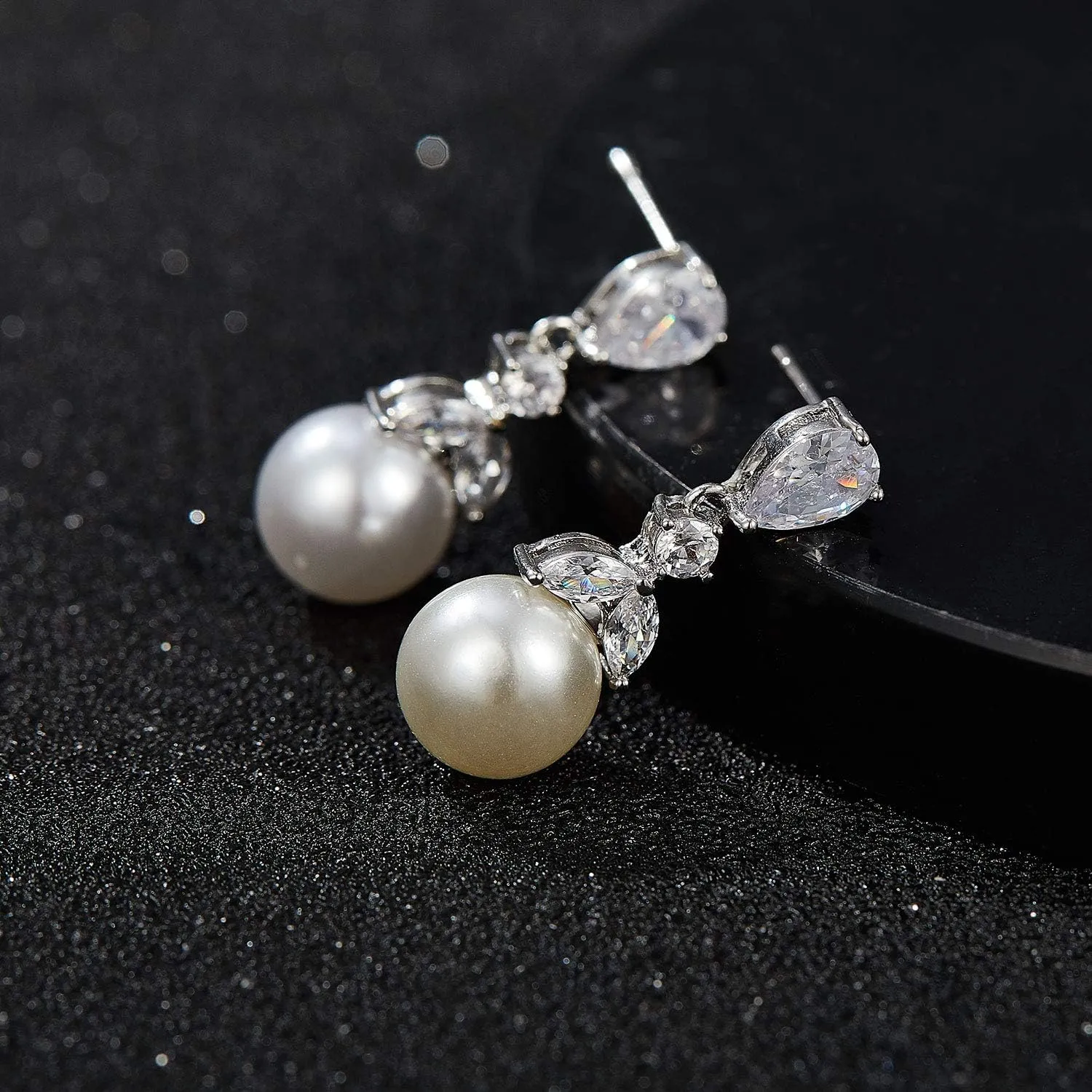SWEETV Cubic Zirconia Pearl Drop Wedding Earrings for Brides, Ivory Bridal Pearl Earrings for Bridesmaid Jewelry Gift