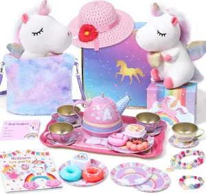 Tacobear Unicorn Toys Gifts for Girls 3 4 5 6 Years Old, Unicorn Tea Party Set with Plush Toy/ Crossbody Bag/ Princess Accessories, Toddler Little Girls Kitchen Playset Unicorn Birthday Gifts Age 3-6