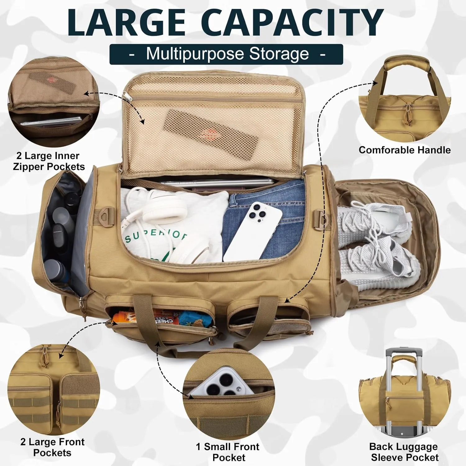 Tactical Gym Bag for Men，70L Large 3 in 1 Sports Duffle Bag with Shoes Compartment for Travel,Water Resistant Travel Backpack Weekender Overnight Bag with Wet Pocket for Women