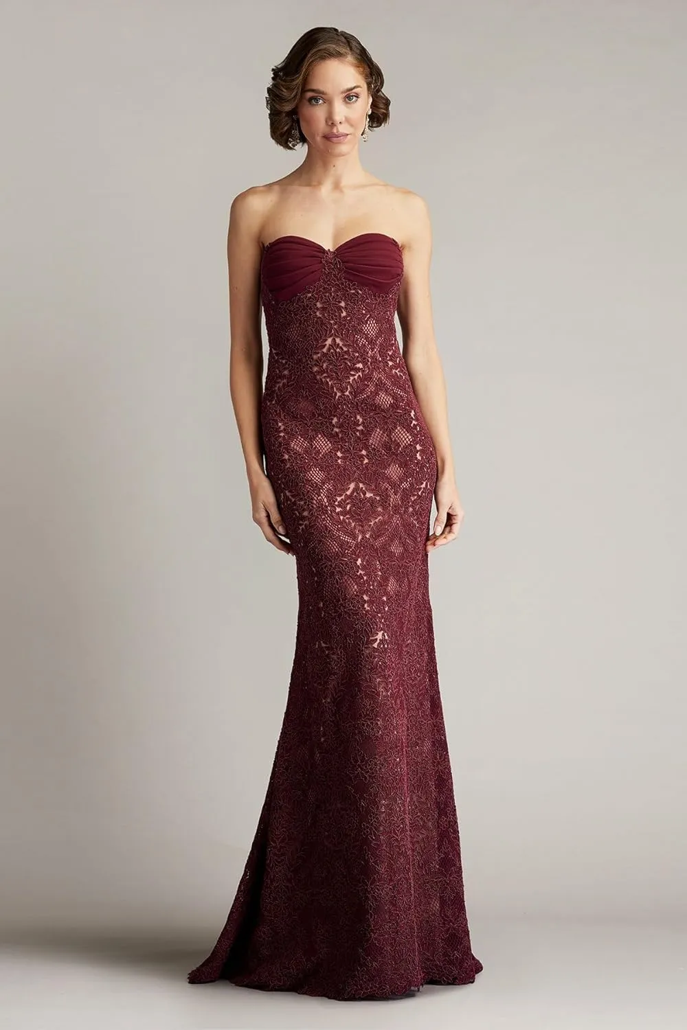 Tadashi Shoji Kohli Strapless Lattice Embroidered Gown