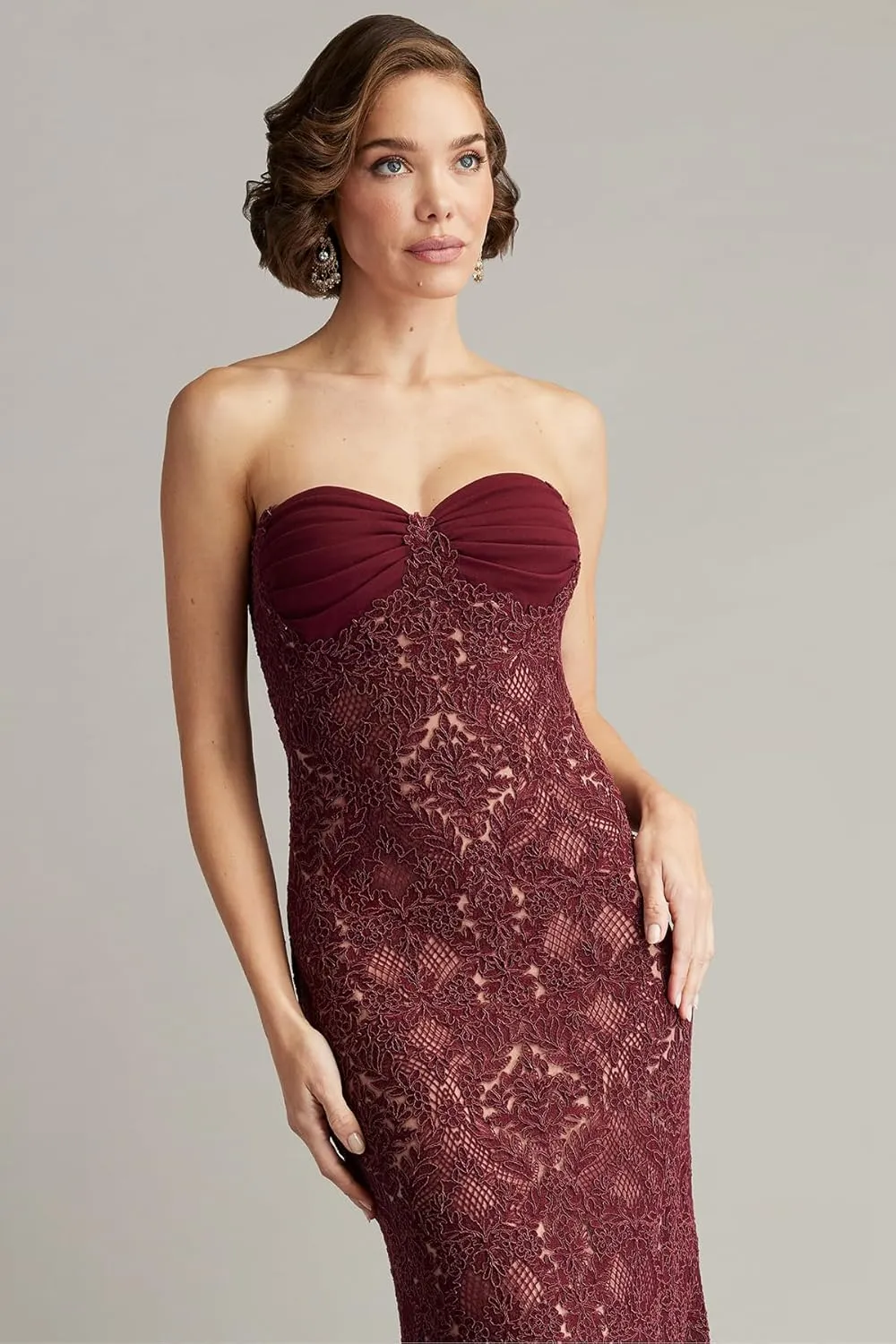 Tadashi Shoji Kohli Strapless Lattice Embroidered Gown