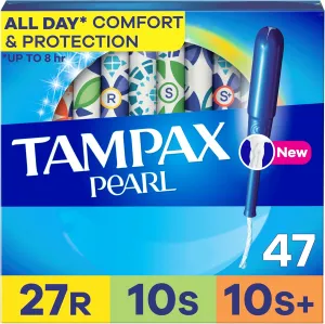 Tampax Pearl Tampons Trio Pack, with LeakGuard Braid, Regular/Super/Super Plus Absorbency, Unscented, 47 Count (Packaging May Vary)