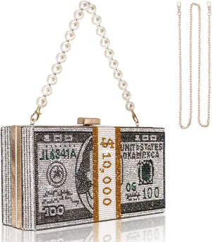 TANOSII Women Stack of Cash Evening Bag Crystal Rhinestone Clutch Money Shoulder Bag Dollar Bill Purse