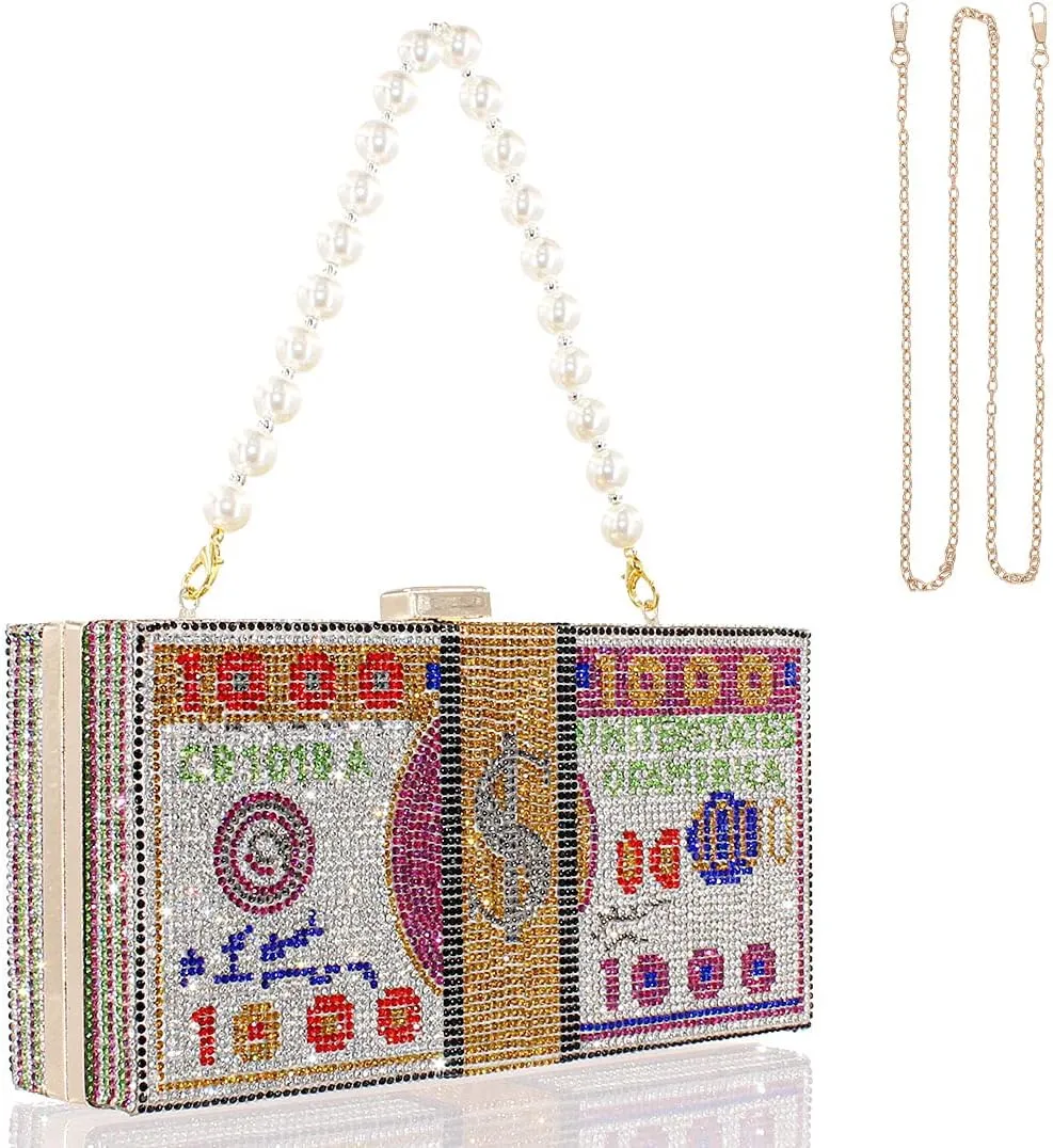 TANOSII Women Stack of Cash Evening Bag Crystal Rhinestone Clutch Money Shoulder Bag Dollar Bill Purse