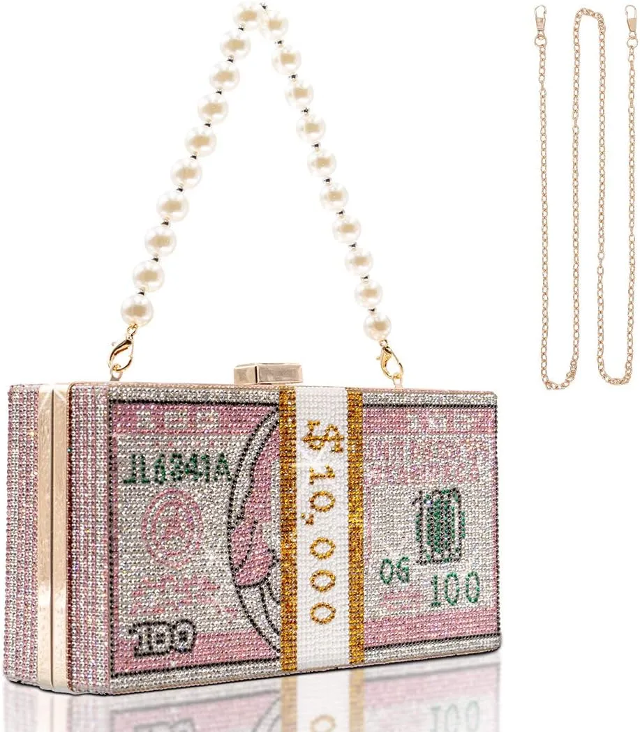 TANOSII Women Stack of Cash Evening Bag Crystal Rhinestone Clutch Money Shoulder Bag Dollar Bill Purse