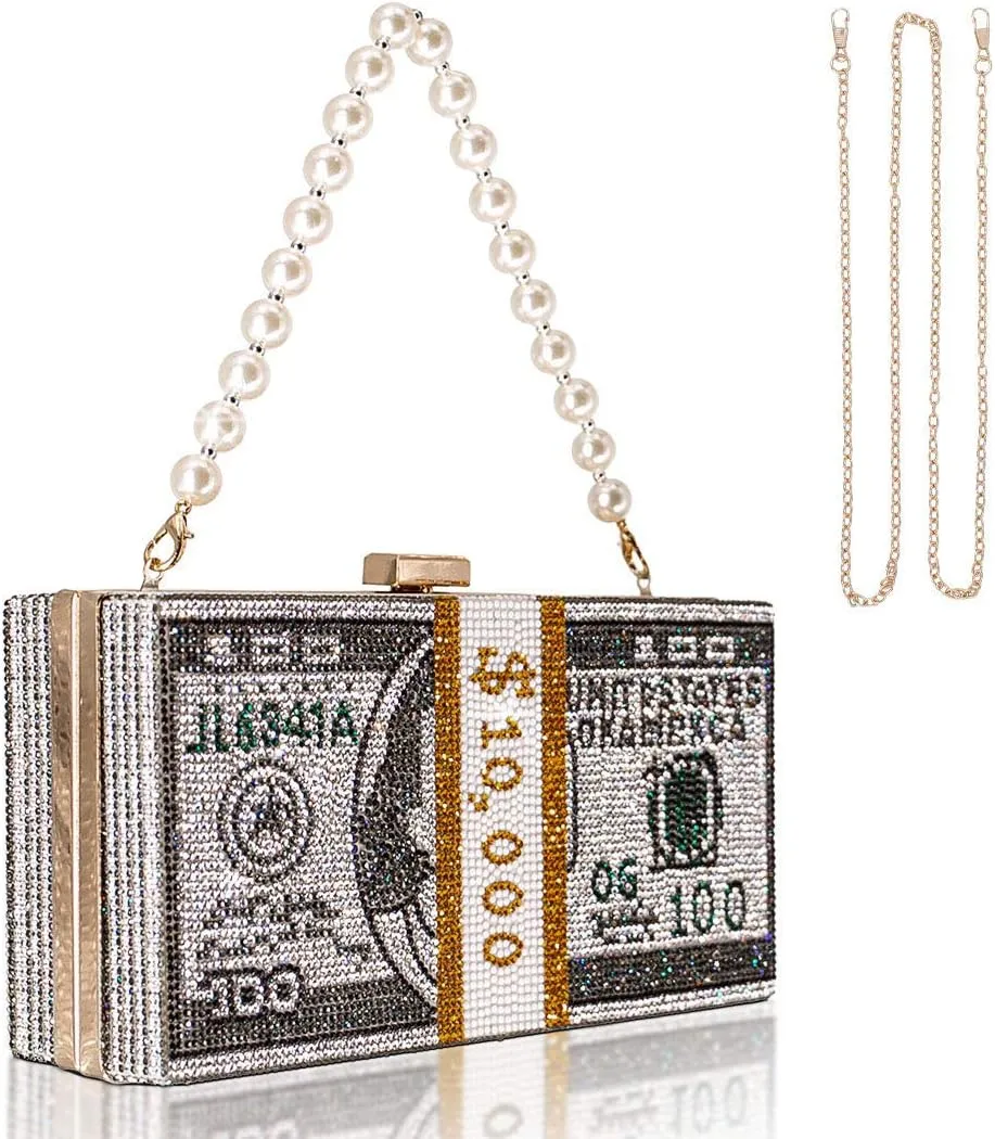 TANOSII Women Stack of Cash Evening Bag Crystal Rhinestone Clutch Money Shoulder Bag Dollar Bill Purse
