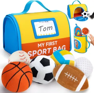 teytoy My First Sports Bag for Baby,Stuffed Plush Playset with Soft Basketball,Baseball,Football,Soccer,Golf Ball,Rugby,Volleyball Baby Birthday Gift Toys for 1 Year Old Boys Girls